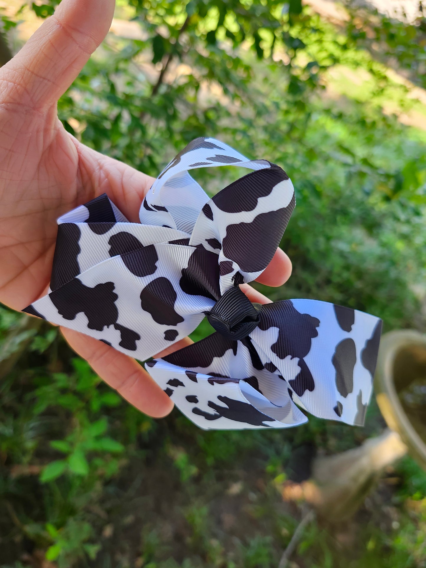 Cow black and white print bow