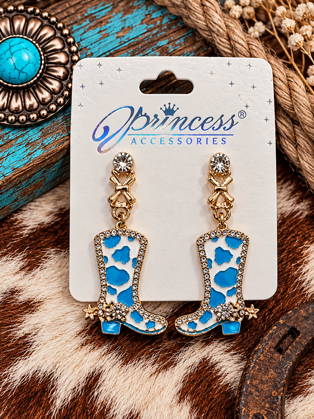 Blue cow print boots earrings