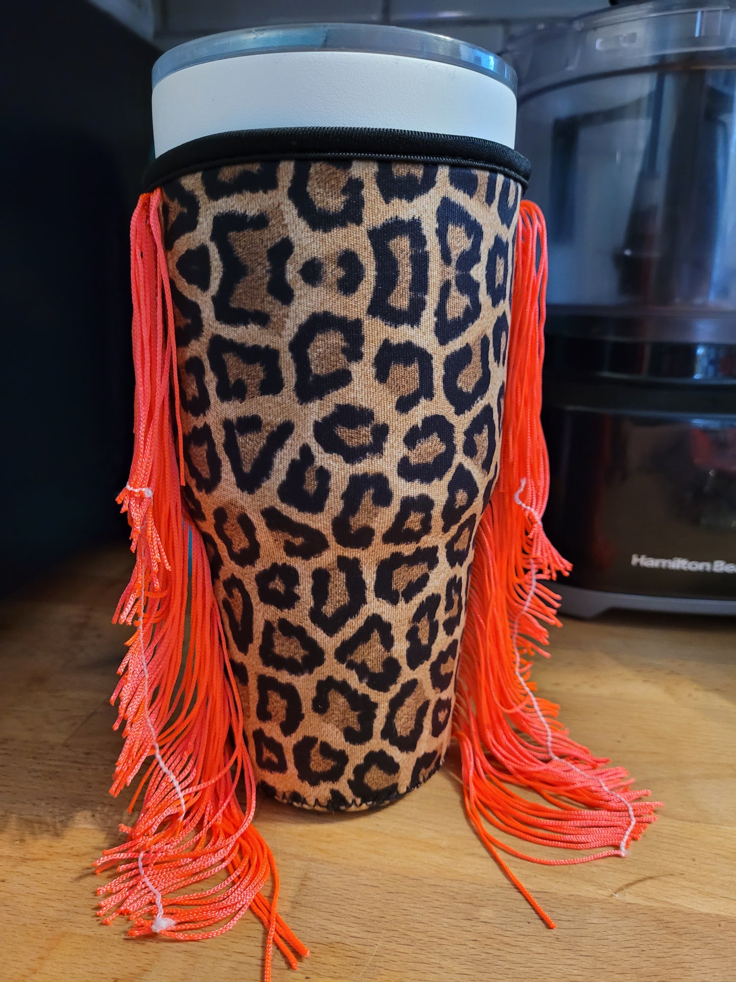 Cheetah hot pink fringe koozie 30oz