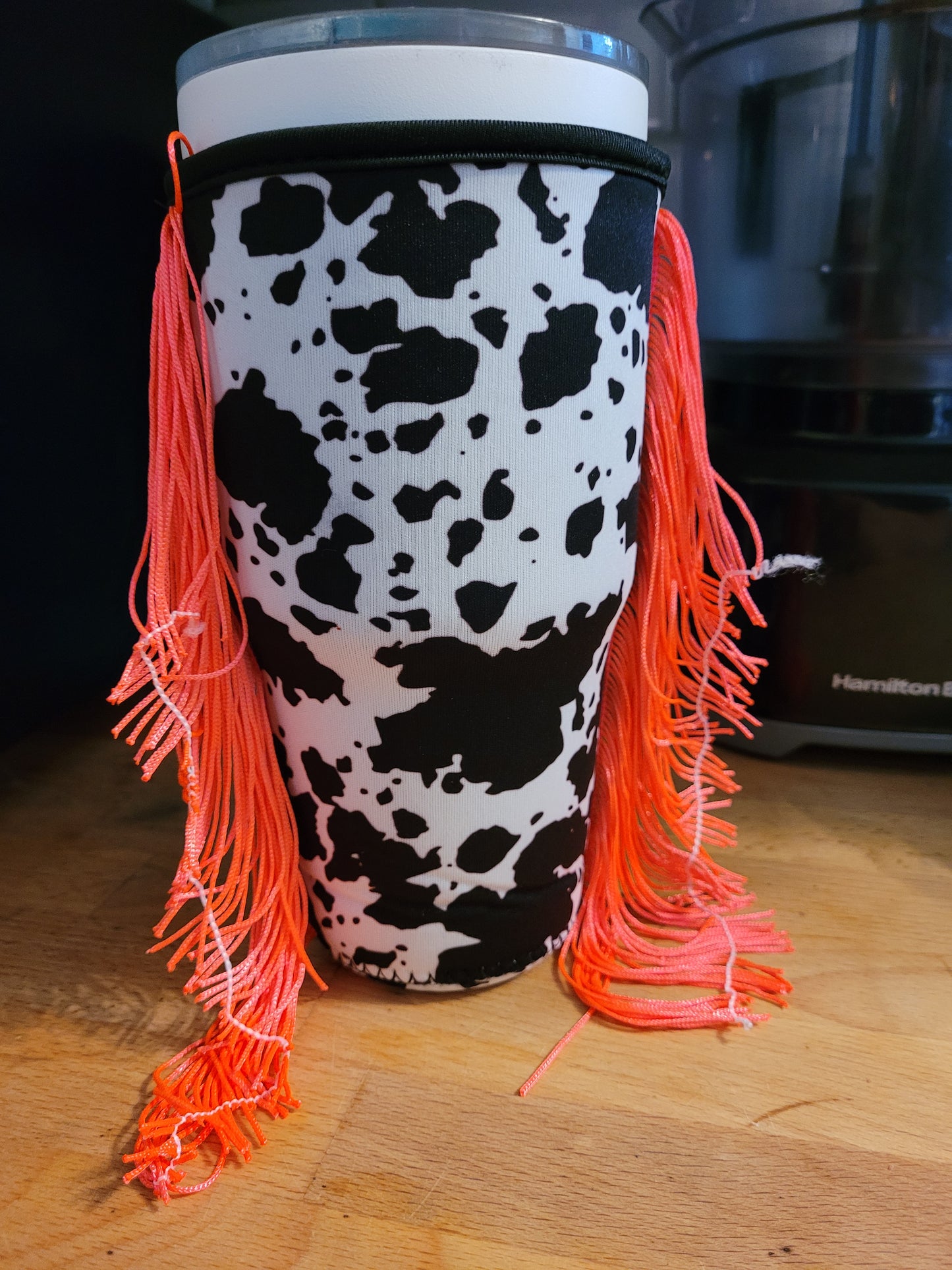 Cow hot pink fringe koozie 30oz