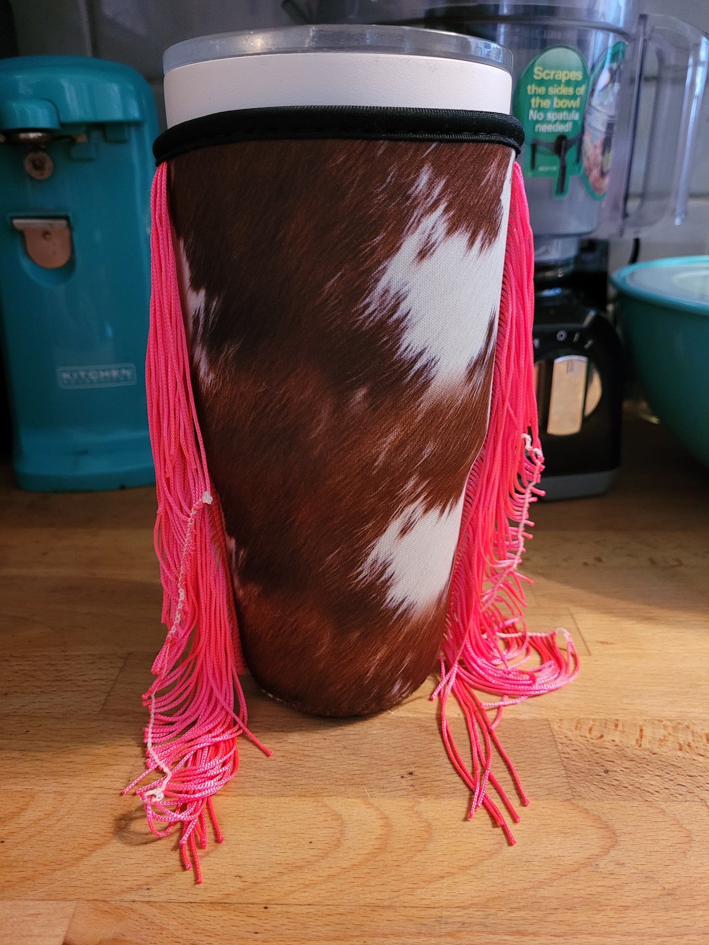 Brown cow hot pink fringe koozie 30oz