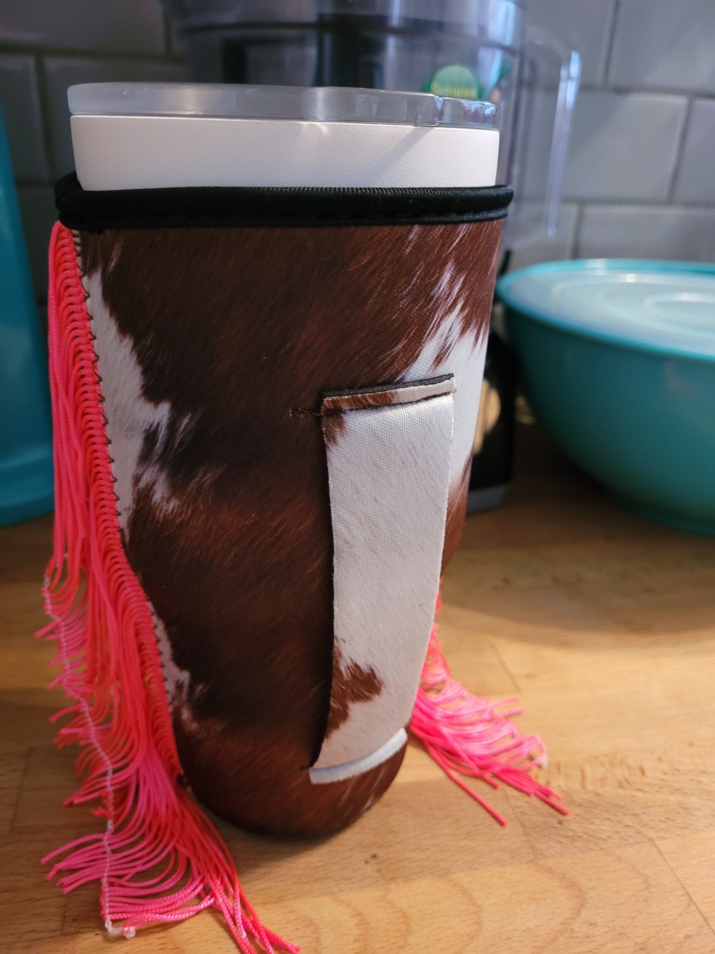 Brown cow hot pink fringe koozie 30oz