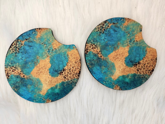 Cheetah turquoise gold car coaster