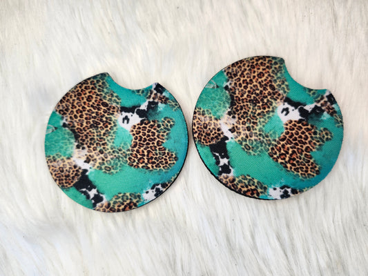 Turquoise cow cheetah car coaster