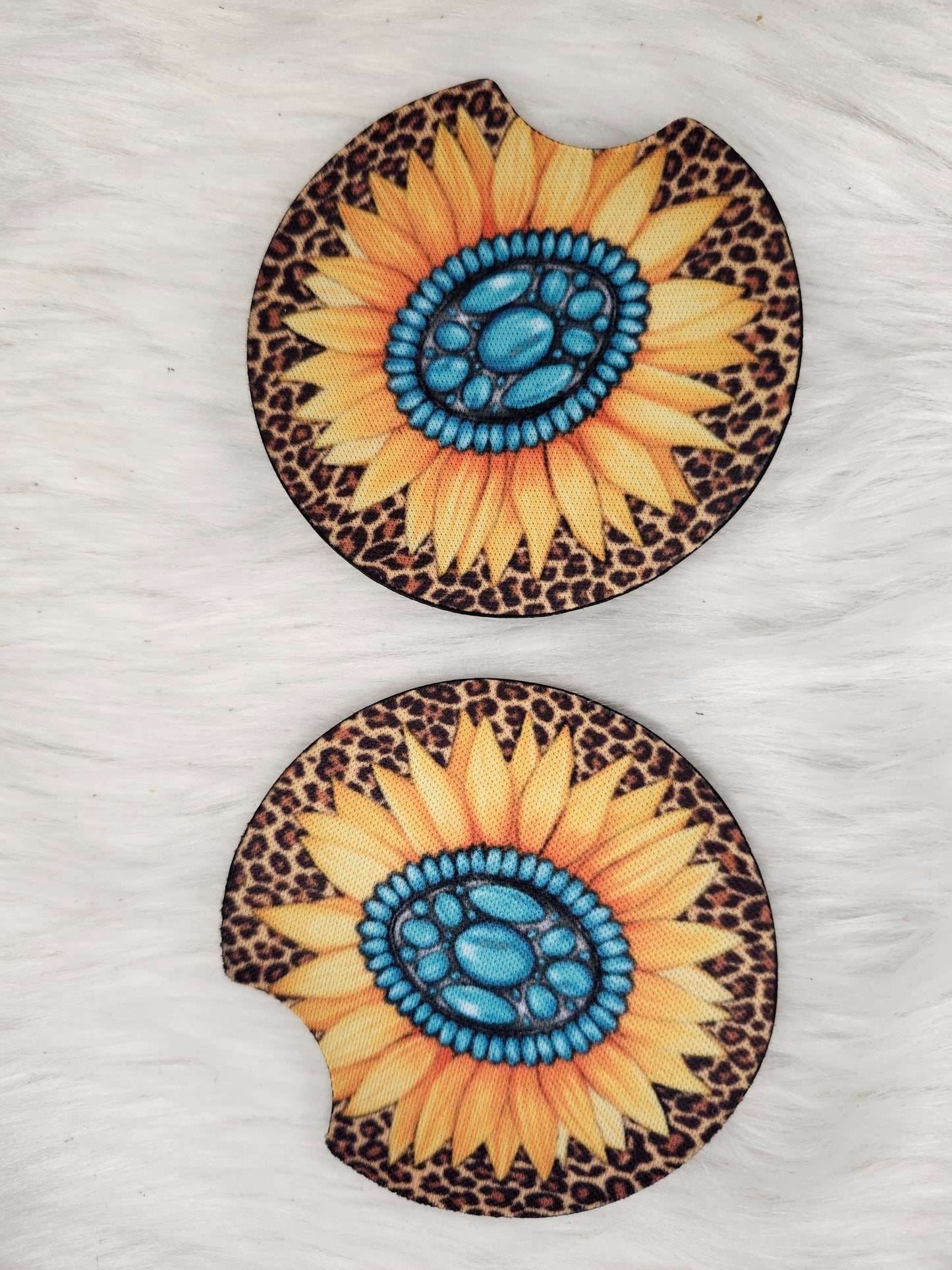 Cheetah turquoise sunflower car coaster