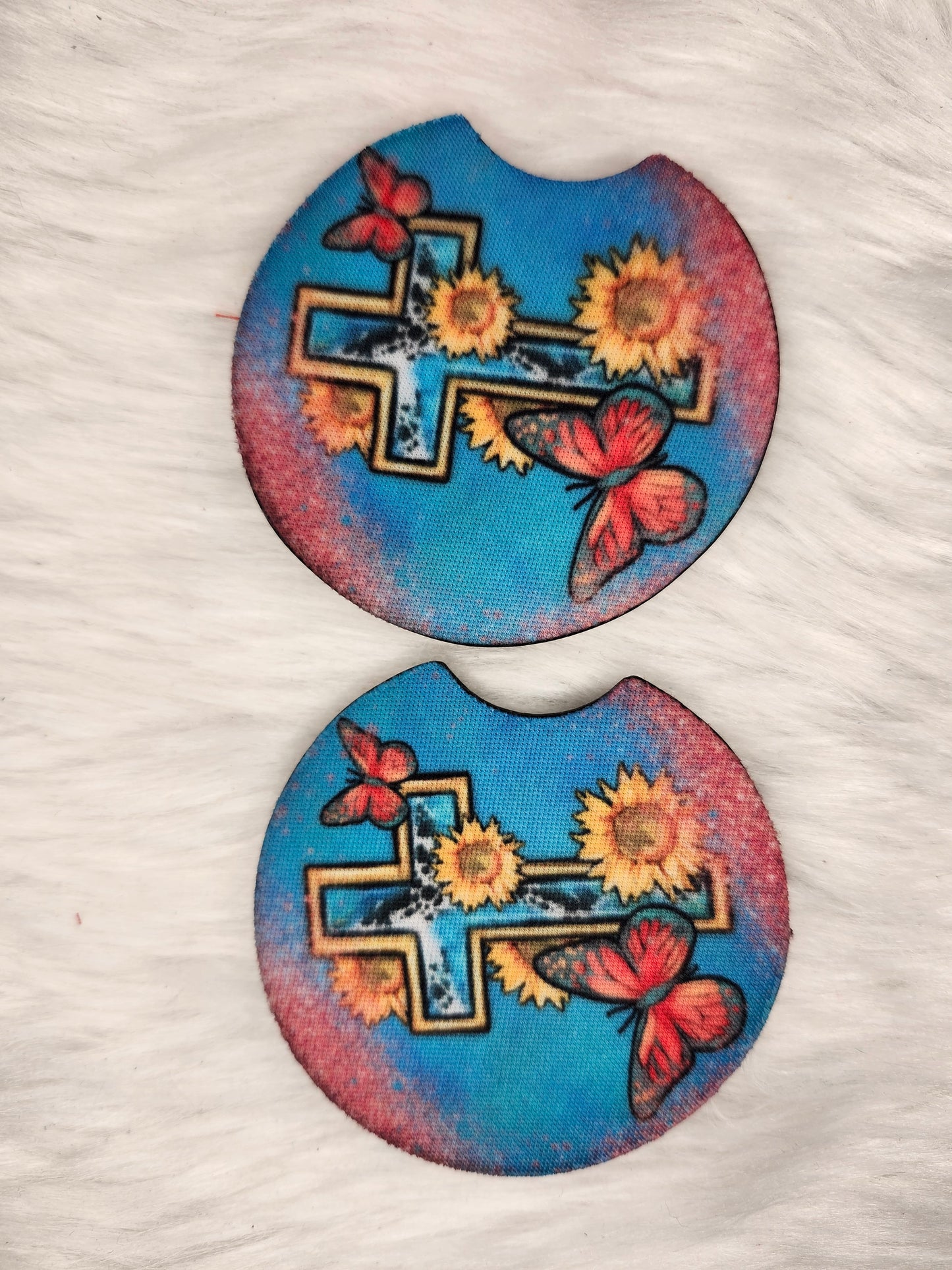 Yellow sunflower cross car coaster