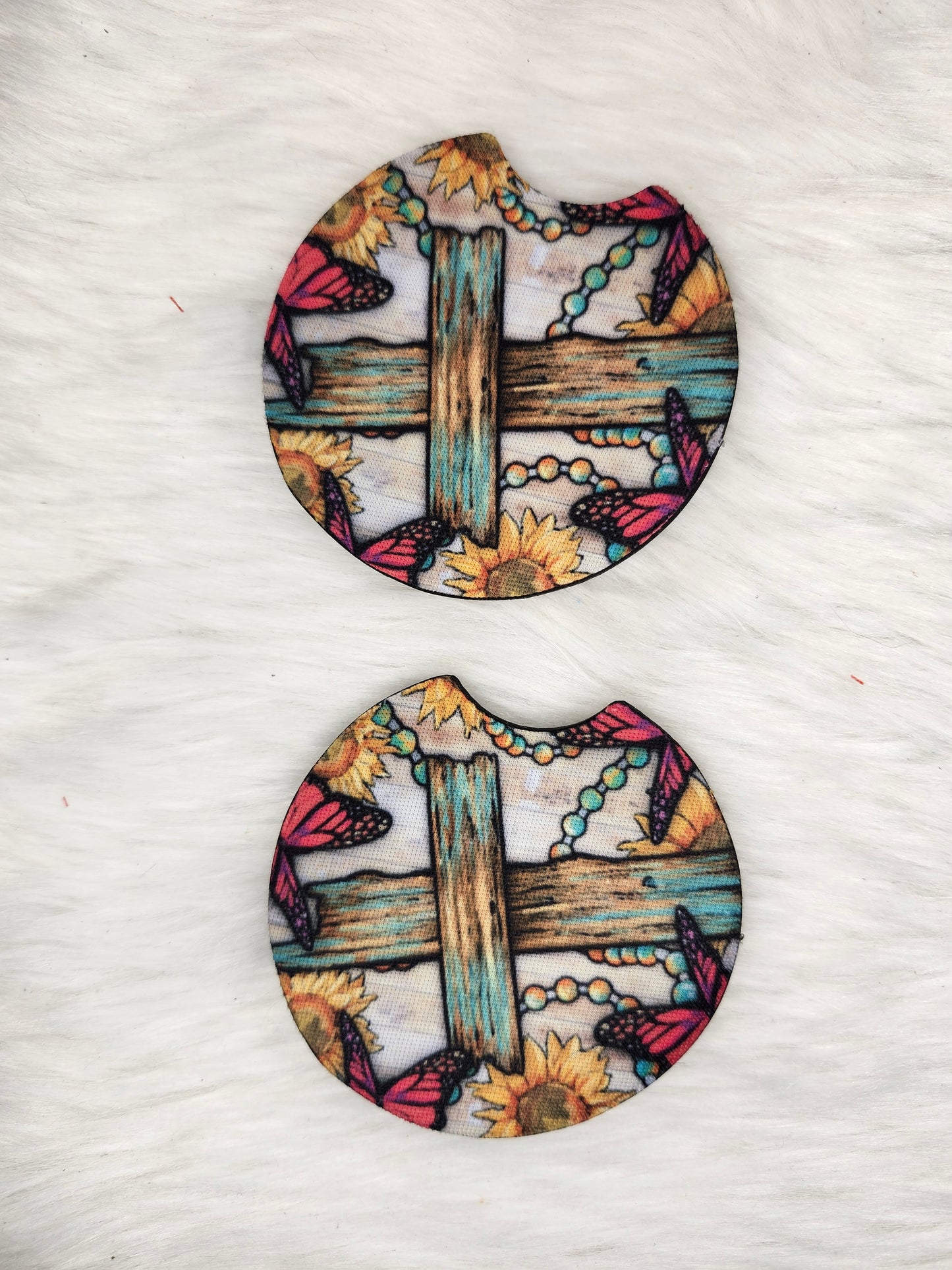 Turquoise wood cross car coaster