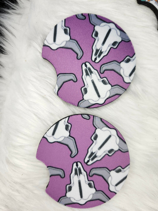 Purple cow skull car coaster