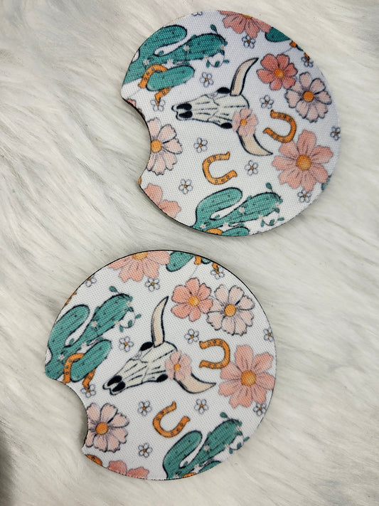 Cow skull flower car coaster