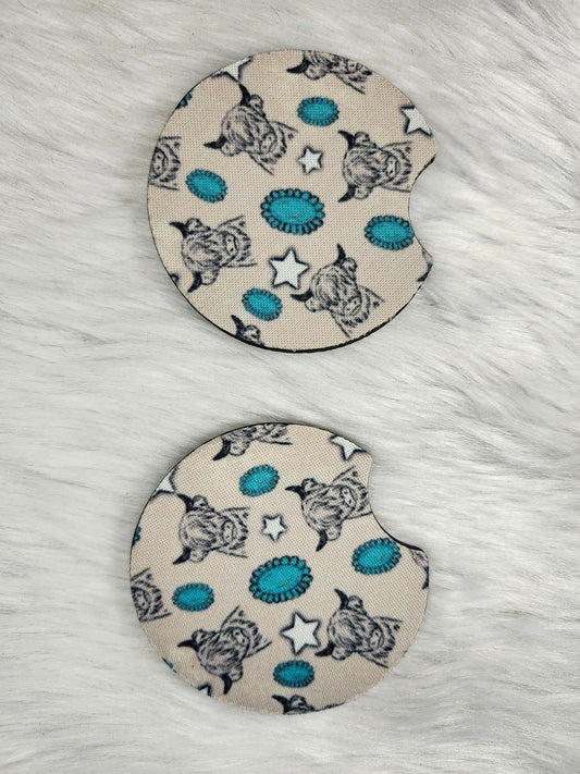 Cow turquoise car coaster