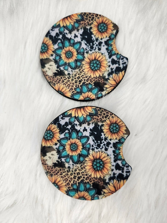 Sunflower turquoise car coaster