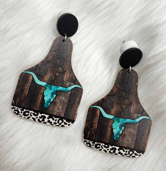 Wood cow skull earrings