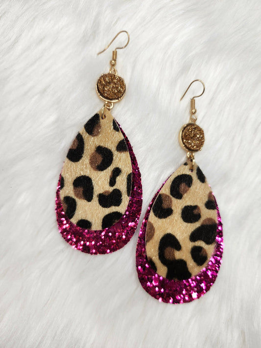 Dark glitter pink cheetah stone earrings