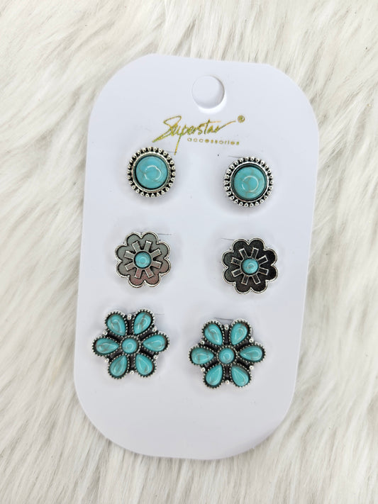 Turquoise flowers studs 3 pair