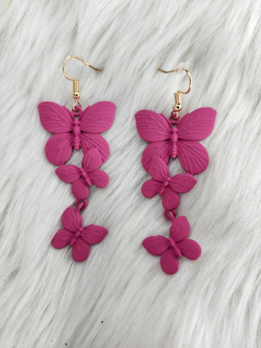 Dark pink metal butterflies earrings