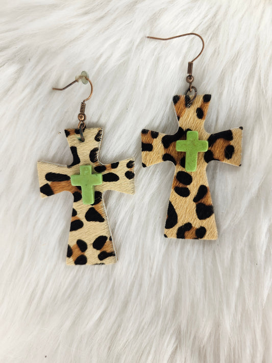 Green cross cheetah earrings