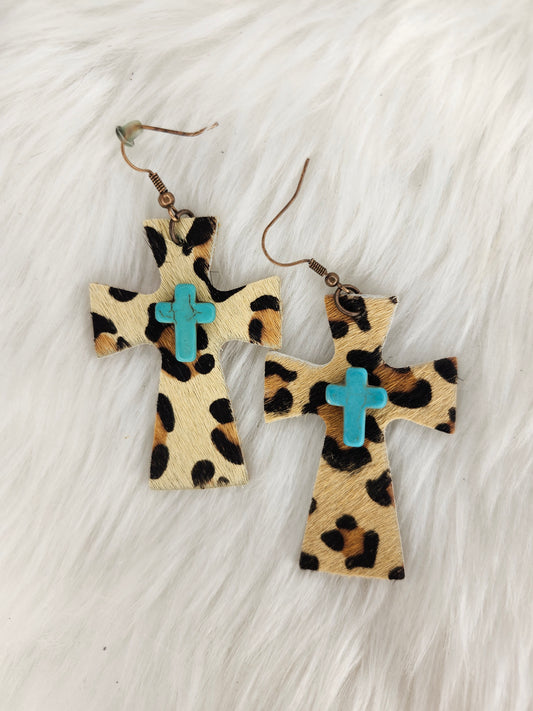 Cheetah turquoise cross earrings