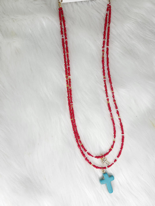 Red bead turquoise cross necklace