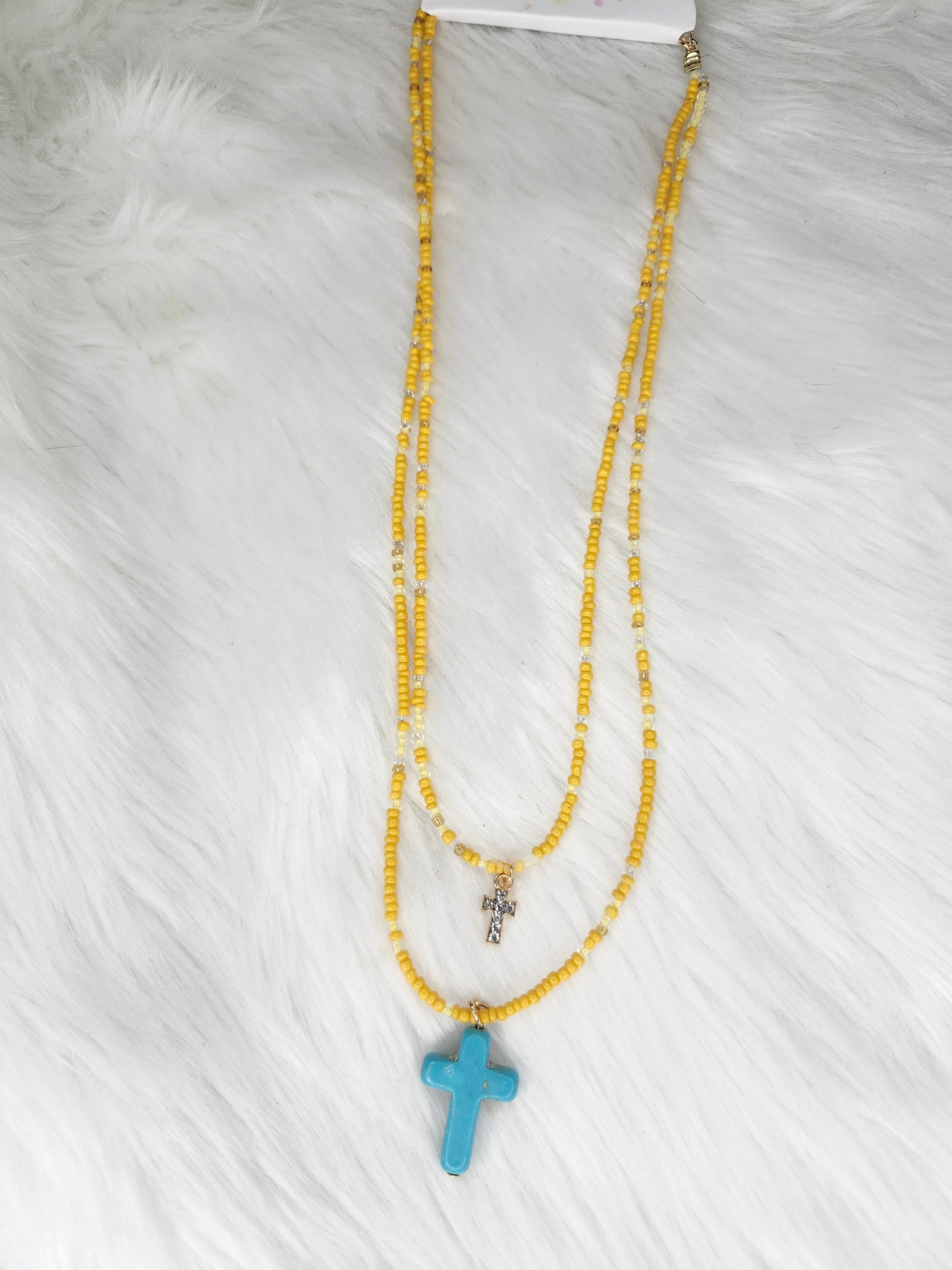 Yellow bead turquoise cross necklace