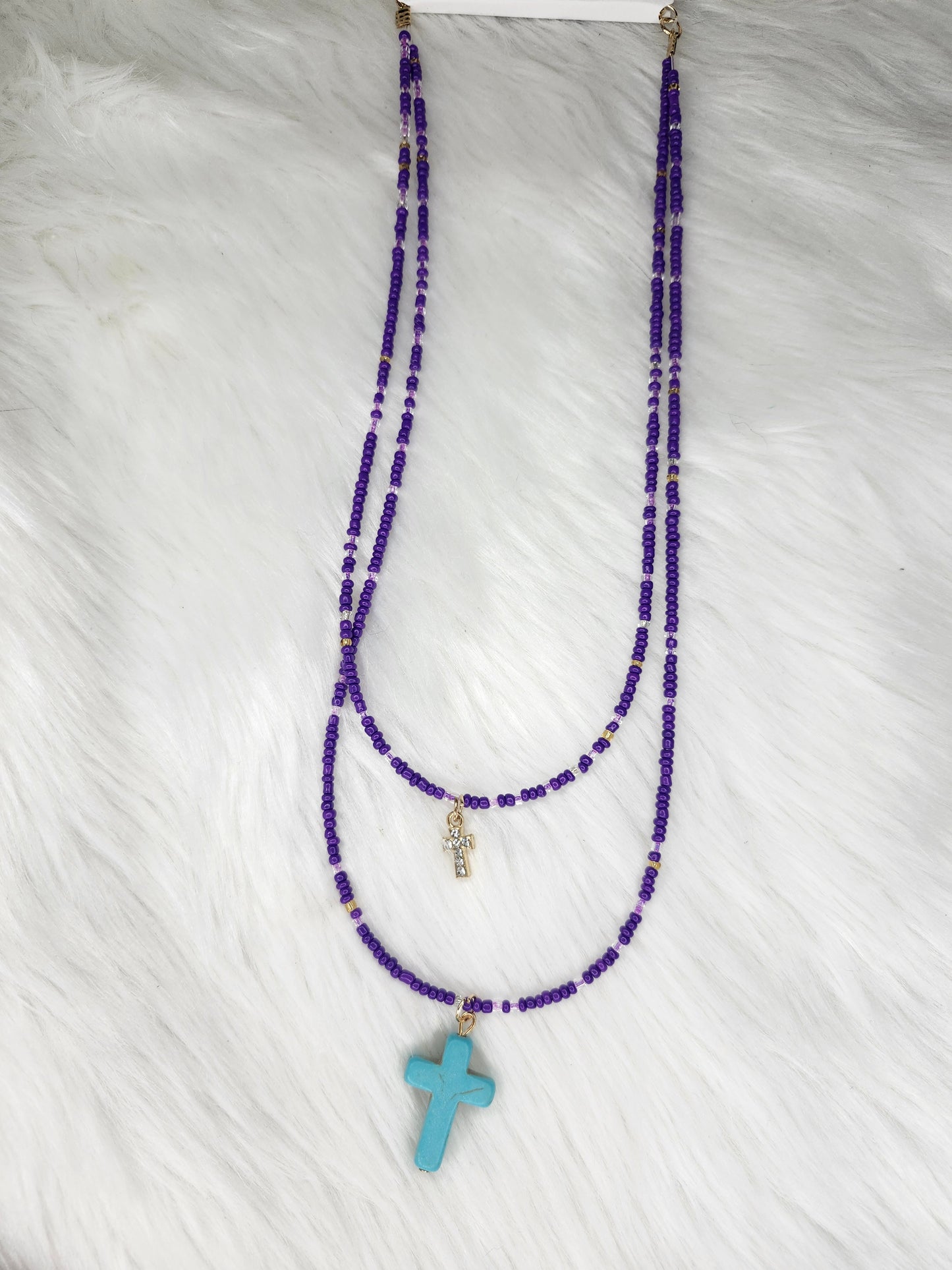 Purple bead turquoise cross necklace