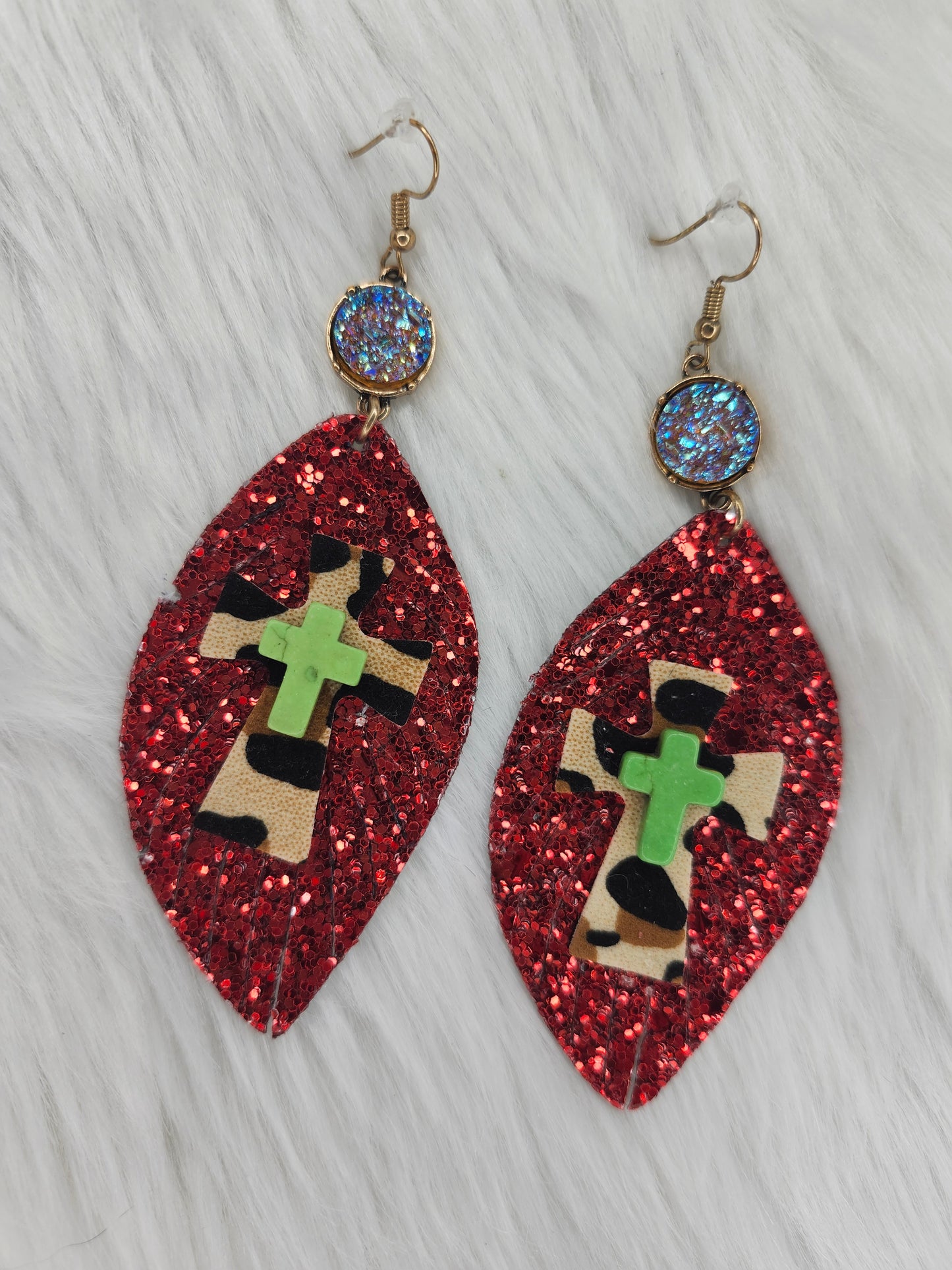 Glitter cross green earrings