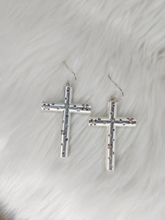 Silver blue and pink cross earrings