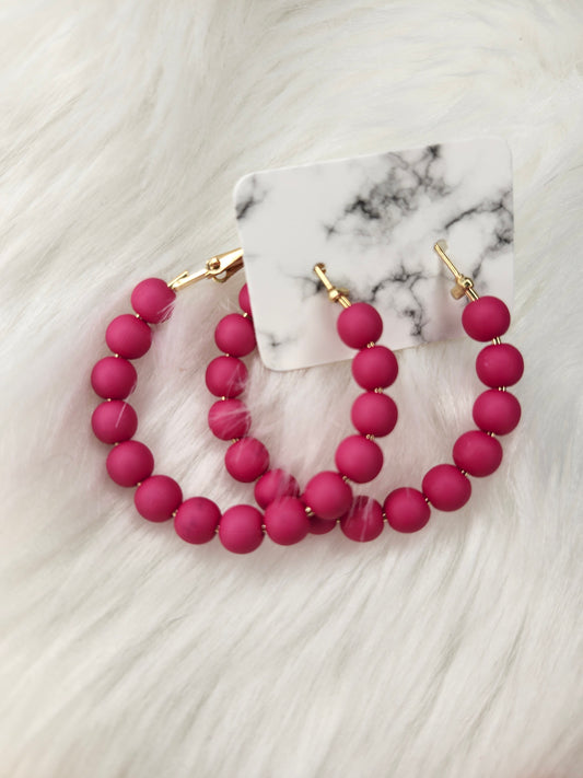 Dark pink bead hoop earrings