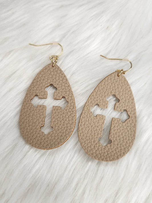 Brown leather cross earrings