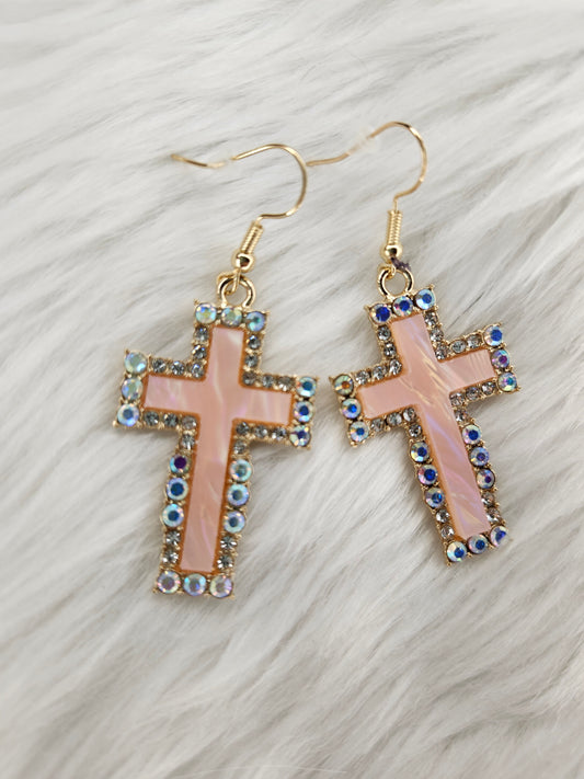 Light pink cross diamond earrings