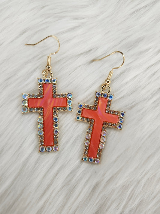 Hot pink cross diamond earrings