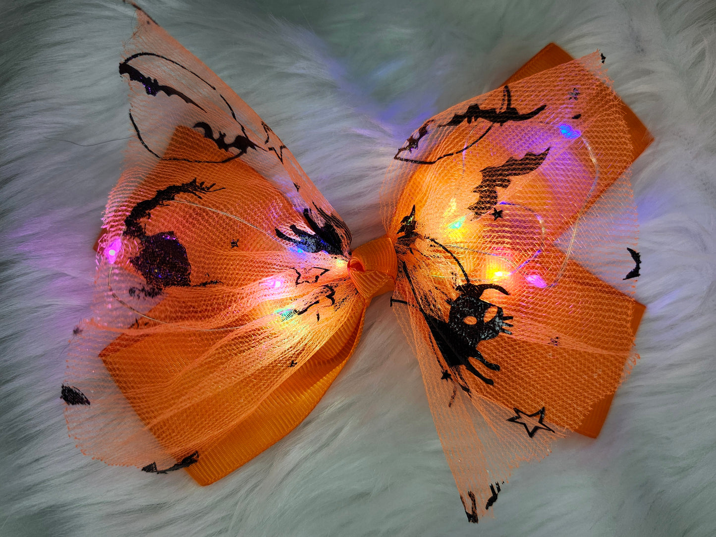 Orange black cat light halloween bow