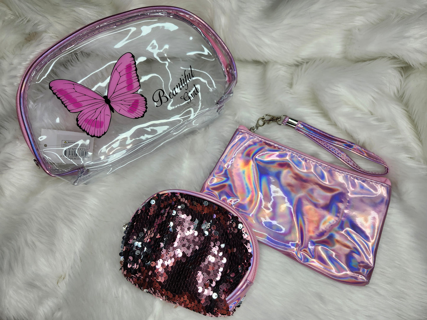 Pink butterfly 3 piece set bag