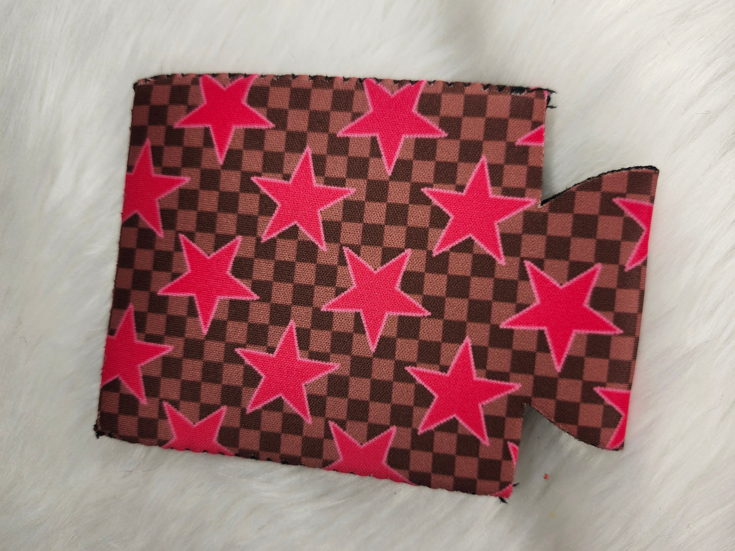 Brown checked stars small can koozie