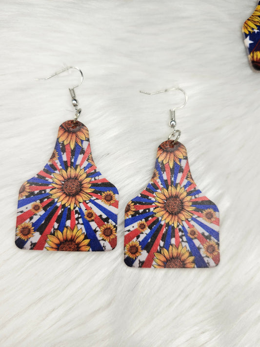 Red blue and white sunflower earrings