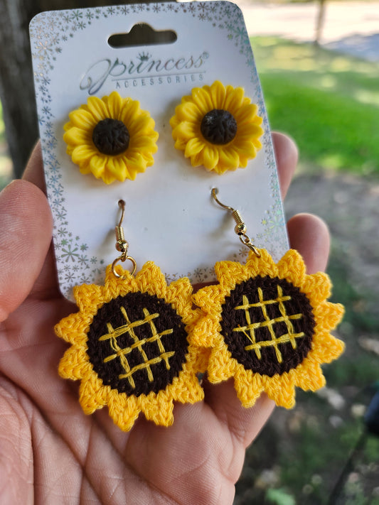 Knitted sunflower earrings 2 pack