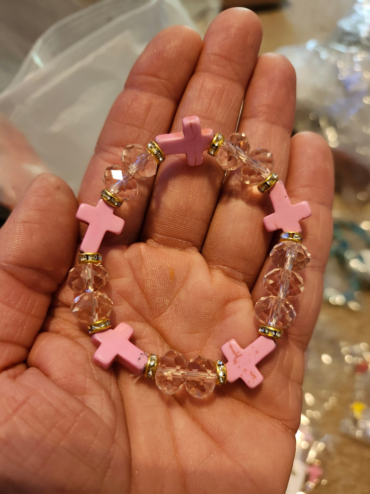 Pink bead cross bracelet