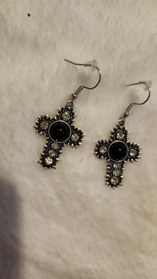 Black stone cross earrings