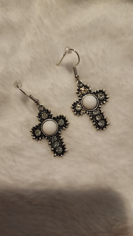 White stone cross earrings