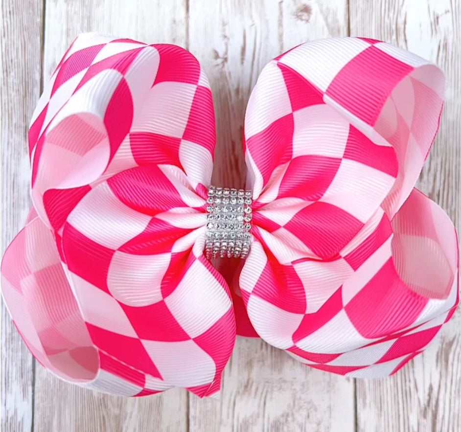 White pink checkered bow