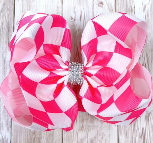 White pink checkered bow