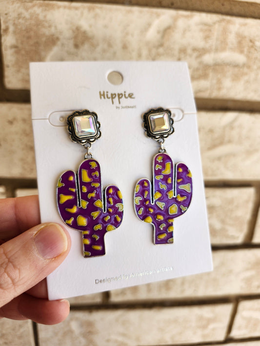 Purple yellow cactus earrings