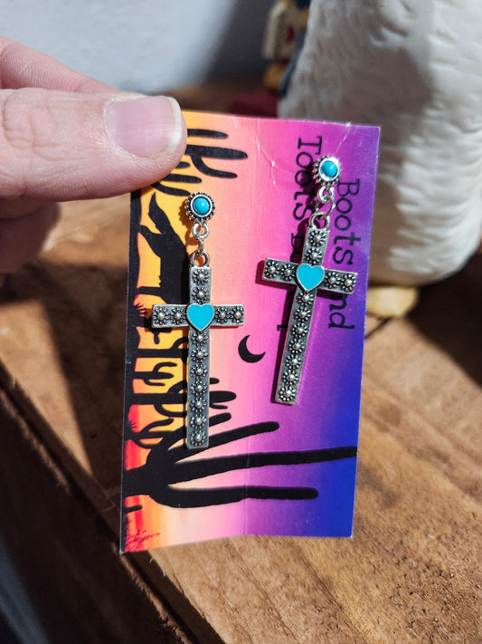 Turquoise heart cross earrings