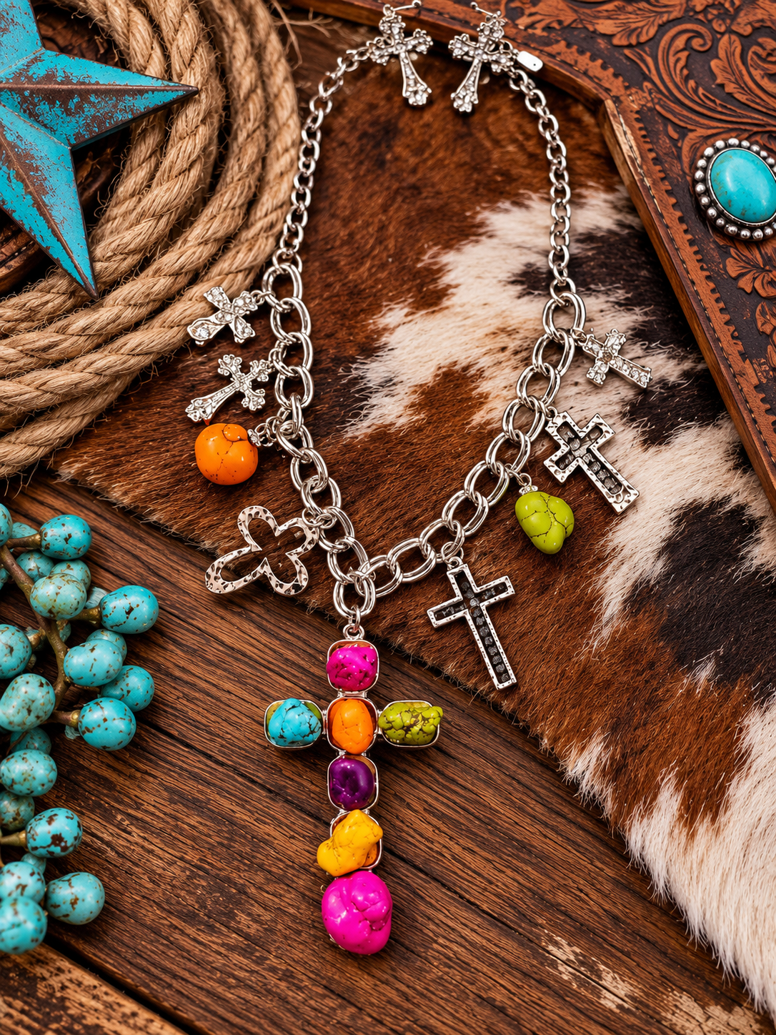 Colorful rock cross necklace