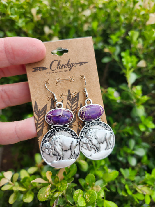 Purple buffalo nickel earrings