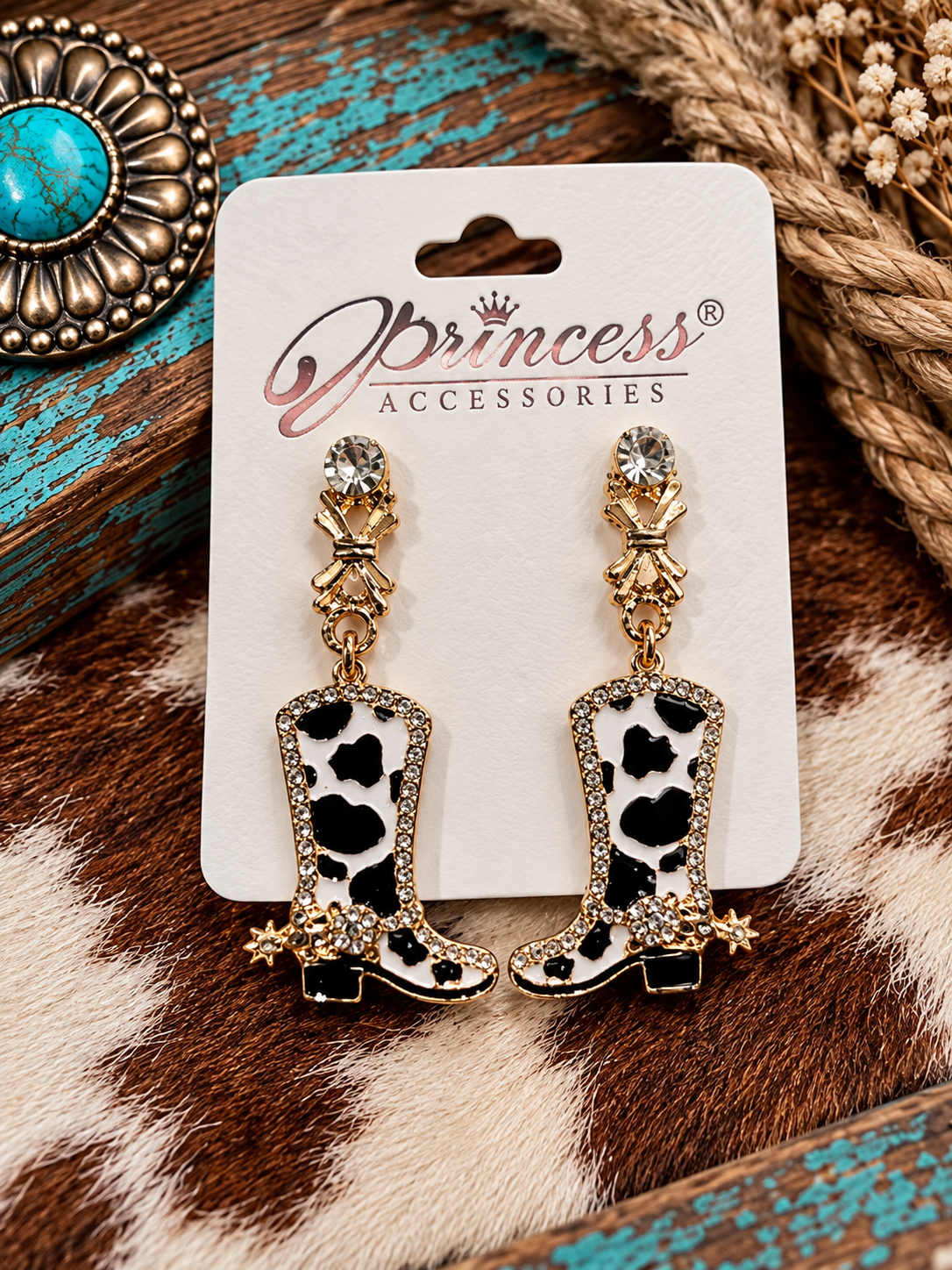 Black and white print boot earrings
