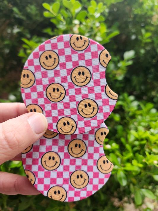 Hot pink checkered car coaster