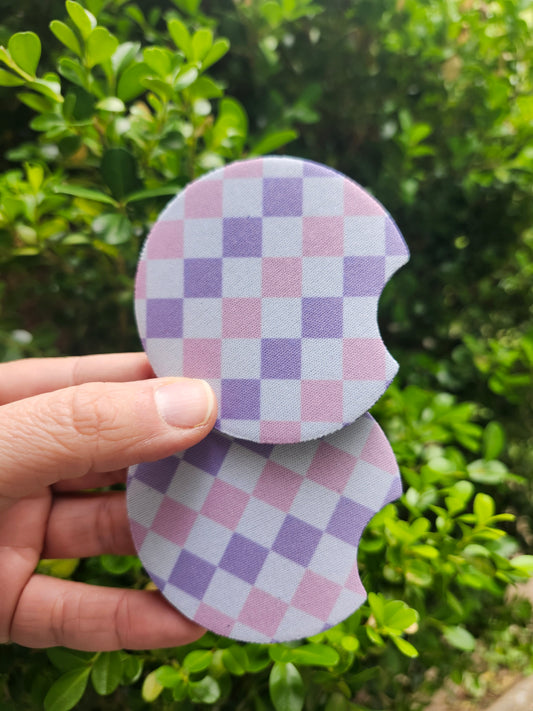 Pink purple checkered car coaster