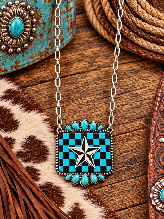 Black and turquoise checkered necklace