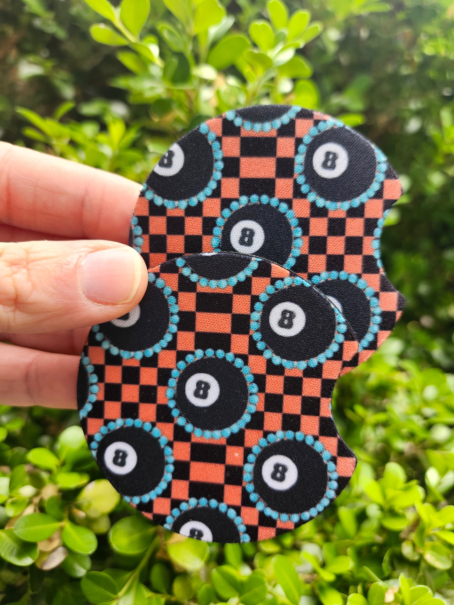 Checkered 8 ball car coaster