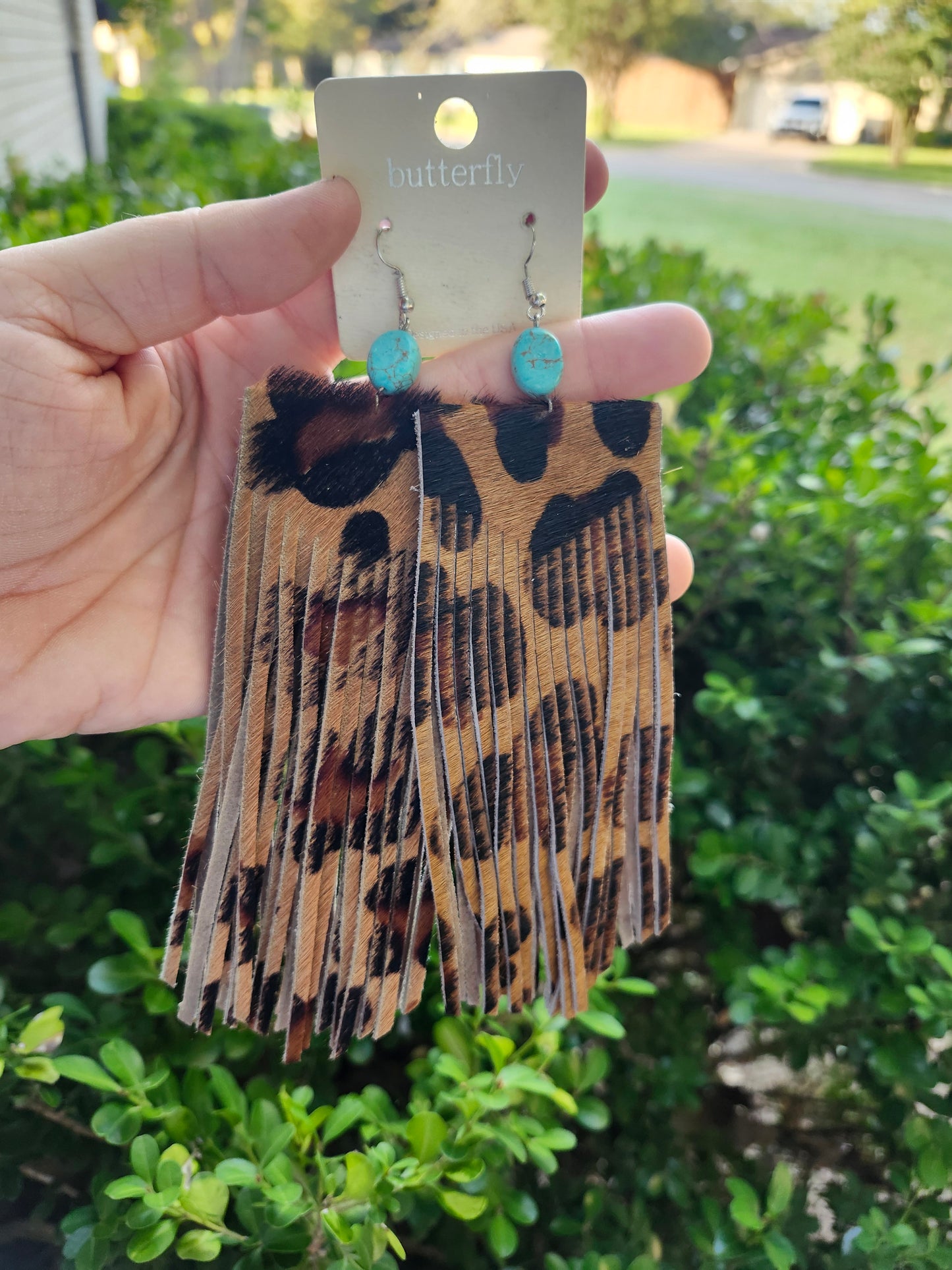 Cheetah fringe turquoise earrings